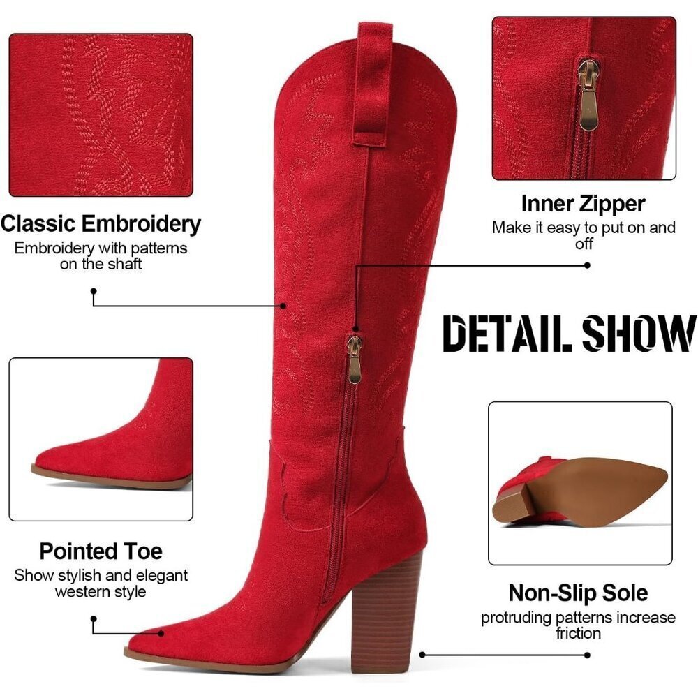 Women's Embroidered Wide Calf Chunky Knee High Heels Western Red Boots - Picture 4 of 7